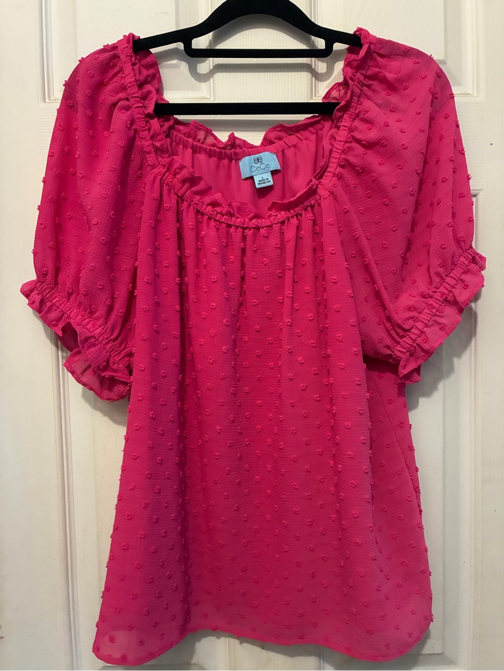 CeCe Hot Pink Swiss Dot Peasant Top